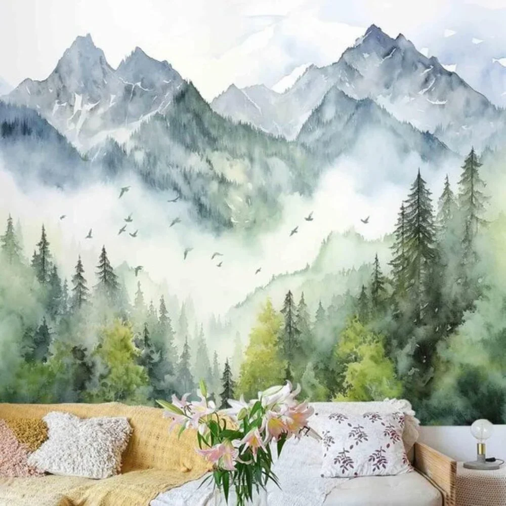 New Green Mountain Forest Nature Tapestry Wall Decor for Home or Room, 51x60In